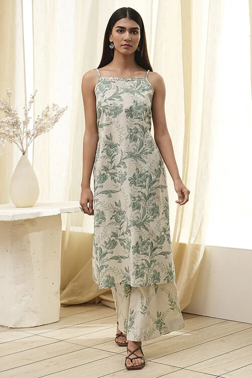 Women Green Cotton Floral Strappy Straight Kurta Set