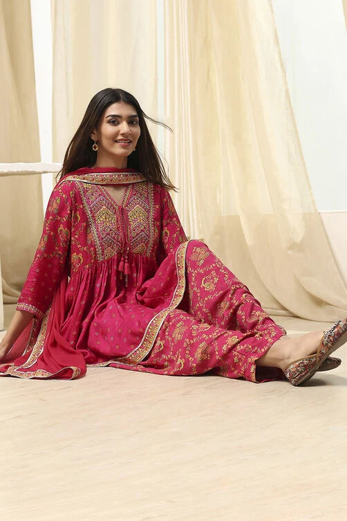 Women Fuchsia Viscose Floral Printed Peplum Suit Set - Image 7