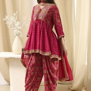 Women Fuchsia Viscose Floral Printed Peplum Suit Set