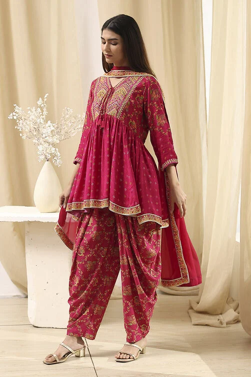 Women Fuchsia Viscose Floral Printed Peplum Suit Set
