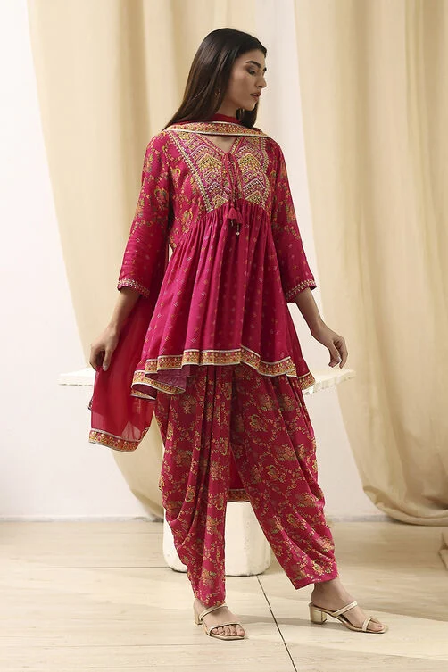 Women Fuchsia Viscose Floral Printed Peplum Suit Set - Image 2