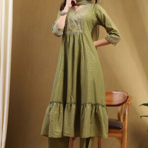Women Green Cotton Printed Festive Gathered Suit Set