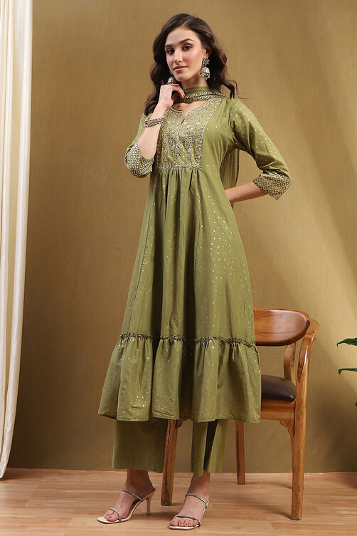 Women Green Cotton Printed Festive Gathered Suit Set