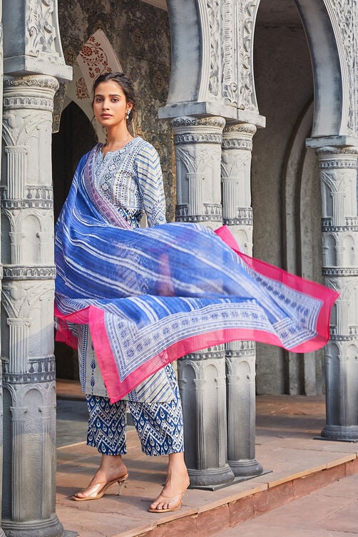 Women Blue Cotton Straight Suit Set - Image 7