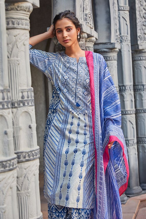 Women Blue Cotton Straight Suit Set - Image 6