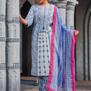 Women Blue Cotton Straight Suit Set