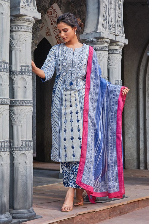 Women Blue Cotton Straight Suit Set