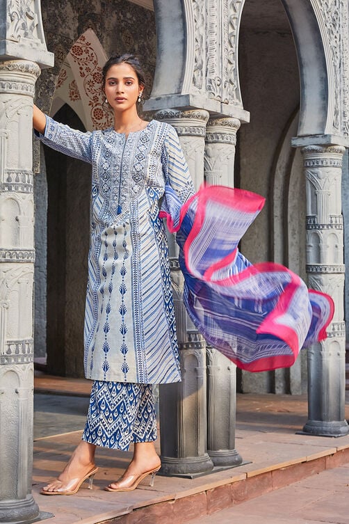 Women Blue Cotton Straight Suit Set - Image 2